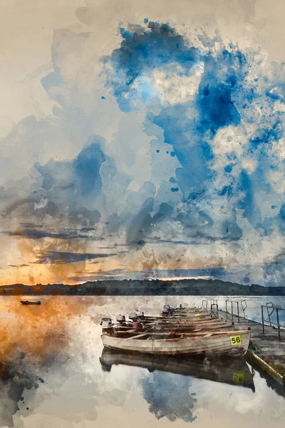 Pintura Digital Acuarela Paisaje Amanecer Sobre Lago Inmóvil Con Barcos —  Fotos de Stock