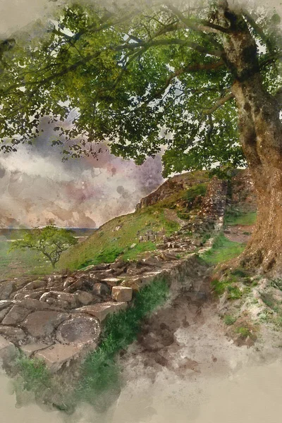 Digitales Aquarell Des Atemberaubenden Landschaftsbildes Von Sycamore Gap Der Hadrian — Stockfoto
