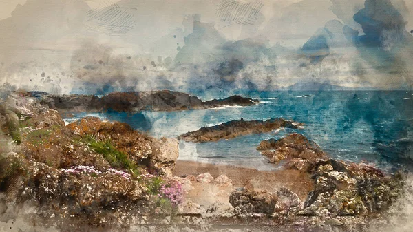 Digital Watercolor Painting Beautiful Landscape Image Rocky Beach Mountain Range — Stock Photo, Image