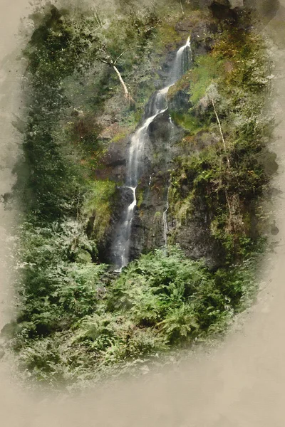 Pintura Digital Acuarela Impresionante Cascada Alta Que Fluye Sobre Exuberante —  Fotos de Stock