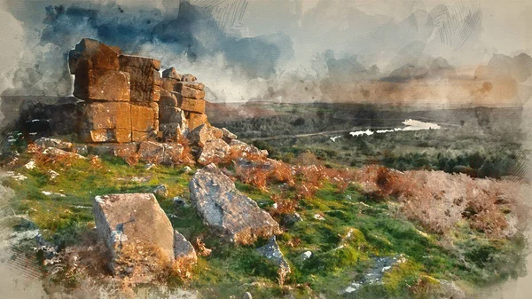 Digitální Akvarel Malba Krásné Podzimní Krajiny Západu Slunce Obraz Pohledu — Stock fotografie