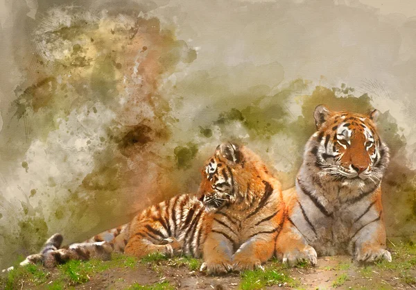 Digitale Aquarellmalerei Von Schöne Tigerin Entspannt Auf Grasbewachsenem Hügel Mit — Stockfoto