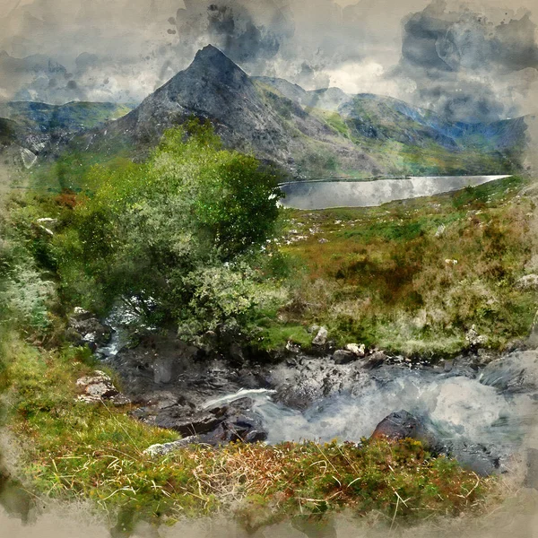 Digital Watercolor Painting Beautiful Panorama Landscape Image Stream Llyn Ogwen — 스톡 사진