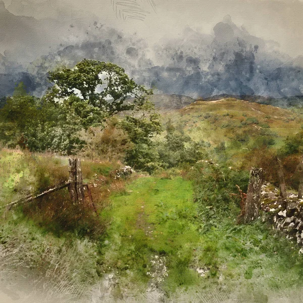 Pintura Aquarela Digital Bela Imagem Paisagem Vista Precipice Walk Snowdonia — Fotografia de Stock