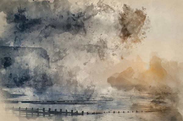 Digital Watercolor Painting Stunning Foggy Winter Sunrise Seven Sisters Cliffs — Stock Photo, Image