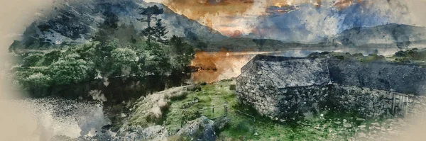 Digitale Aquarel Schilderij Van Panorama Landschap Prachtige Zonsopgang Boven Meer — Stockfoto