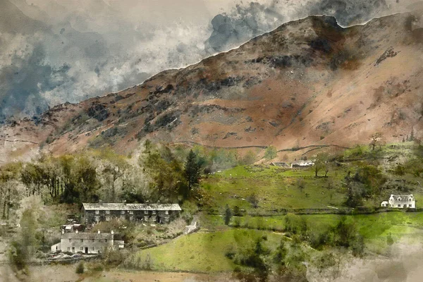 Cyfrowe Malarstwo Akwarelowe Pięknej Starej Wsi Krajobraz Położony Wśród Wzgórz — Zdjęcie stockowe