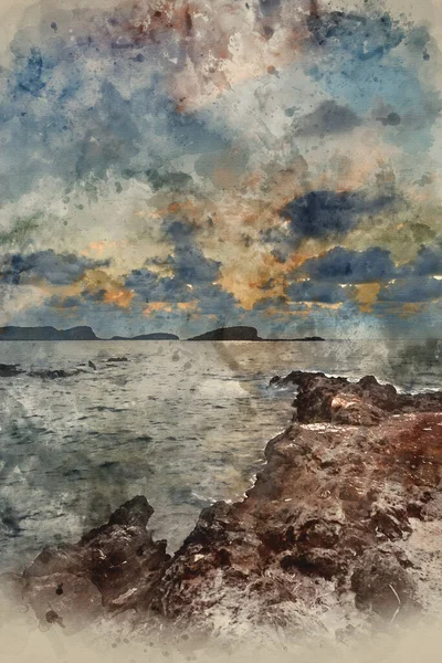 Pintura Aquarela Digital Belas Paisagens Nascer Sol Sobre Costa Rochosa — Fotografia de Stock