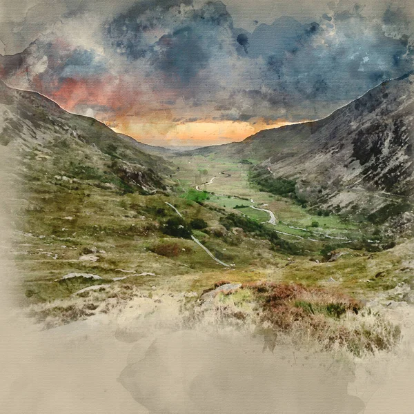 Digital Akvarellmålning Vacker Lynnig Landskapsbild Nant Francon Dalen Snowdonia Solnedgången — Stockfoto