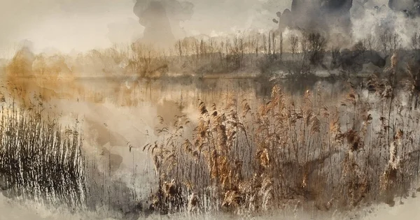 Цифровая Акварельная Живопись Красивый Спокойный Пейзаж Озера Тумане — стоковое фото