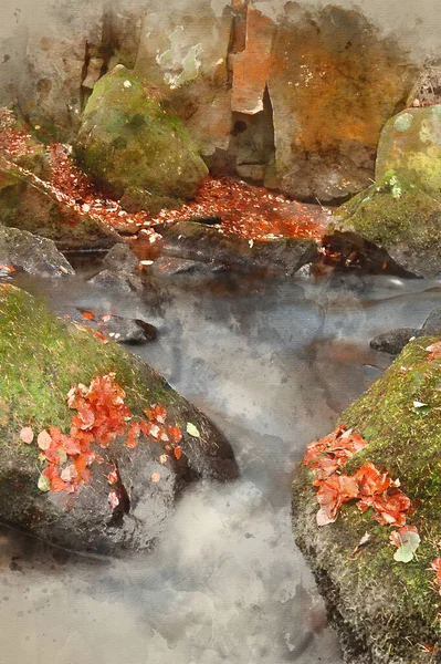 Cyfrowy Akwarelowy Obraz Nieostrej Detalu Wody Skałami Nad Jesiennymi Liśćmi — Zdjęcie stockowe