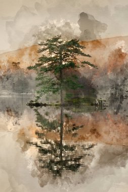 Göldeki Tarn Hows 'un göz kamaştırıcı manzarasının dijital suluboya resmi.