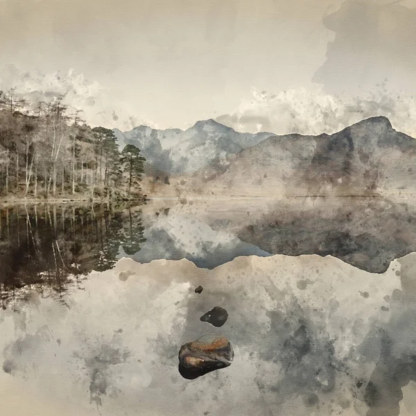 湖区Blea Tarn上空的秋色艳丽日出数码水彩画 — 图库照片