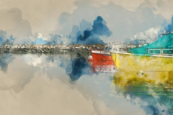 Limandaki Teknelerin Hoş Renkli Manzara Resimlerinin Dijital Suluboya Resimleri — Stok fotoğraf