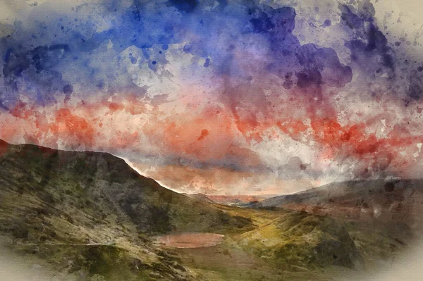 Cyfrowy Obraz Akwareli Widok Góry Snowdon Kierunku Pasma Górskiego Carneddau — Zdjęcie stockowe