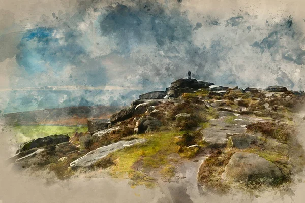 Digital Akvarellmålning Vandrare Peak District Hösten Solnedgång — Stockfoto