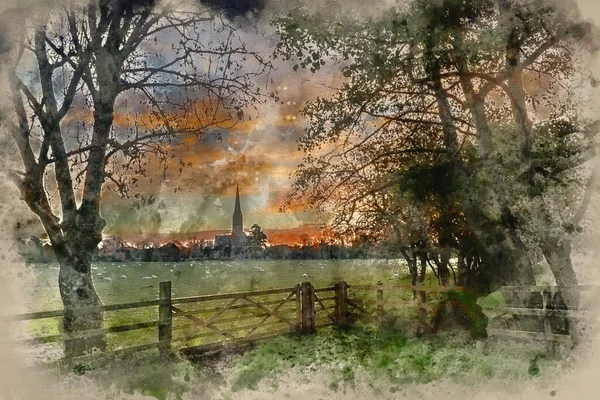 Pintura Digital Acuarela Del Paisaje Del Amanecer Del Invierno Salisbury — Foto de Stock