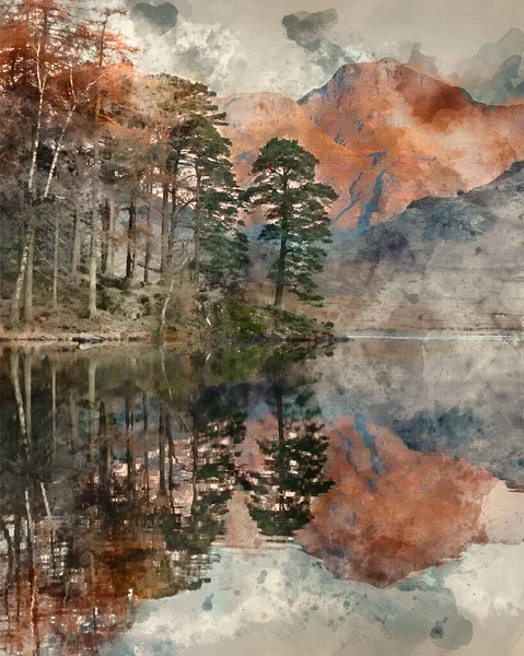 見事な秋のデジタル水彩画湖地区のBlea Tarn上の鮮やかな日の出 — ストック写真