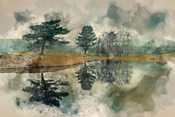 Digitale Aquarellmalerei Von Schöne Landschaft Bild Von Launischen Gewitterwolken Über — Stockfoto