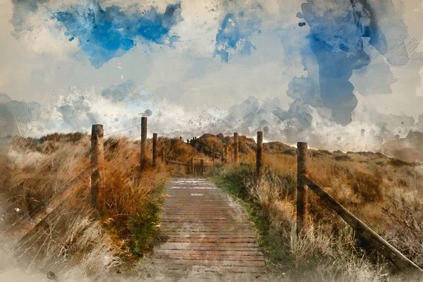 Digital watercolor painting of Sunrise landscape image of sand dunes system over beach with wooden boardwalk