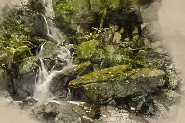Digitale Aquarellmalerei Von Wasserfall Waldlandschaft Die Durch Bäume Und Über — Stockfoto