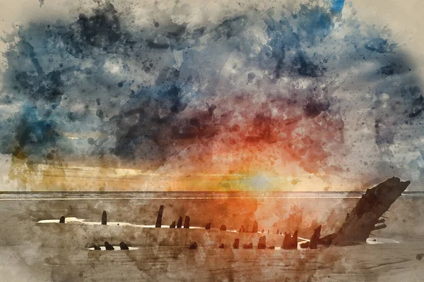 Digitale Aquarel Schilderij Van Dramatische Zonsondergang Landschap Scheepswrak Rhosilli Bay — Stockfoto