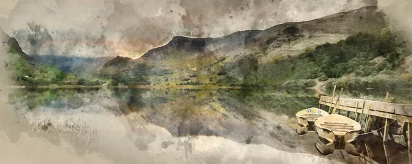 Pintura Digital Acuarela Del Paisaje Panorama Botes Remos Lago Con — Foto de Stock