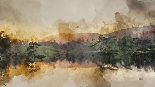 Pintura Aquarela Digital Imagem Paisagem Deslumbrante Tarn Hows Lake District — Fotografia de Stock