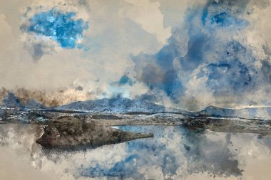 Snowdonia Ulusal Parkı 'ndaki Llyn y Dywarchen' in güzel kış manzarasının dijital suluboya resmi