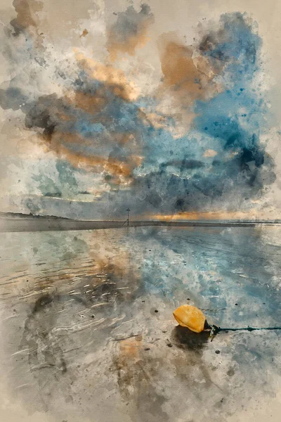 Digital Watercolor Painting Beautiful Winter Sunrise West Wittering Beach Sussex — Stock Photo, Image