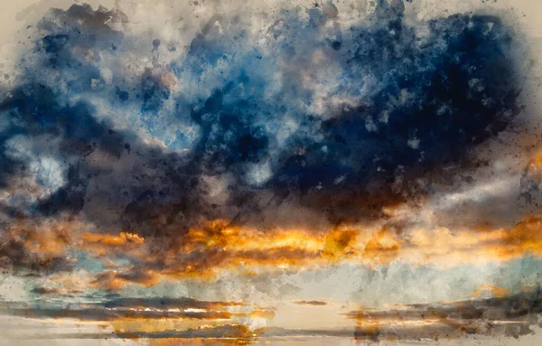 Lukisan Cat Air Digital Indah Berwarna Keemasan Matahari Terbenam Langit — Stok Foto