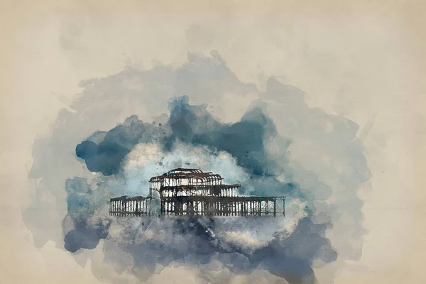 Digitális Akvarell Festmény Tájkép Elhagyott Viktoriánus West Pier Brighton West — Stock Fotó