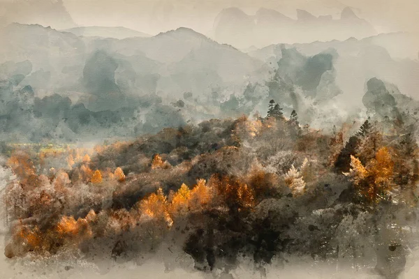 Цифровая Акварельная Живопись Потрясающей Осенью Осенний Пейзаж Изображения Вида Catbells — стоковое фото
