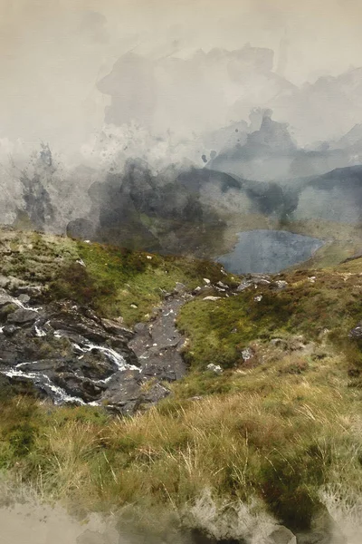 Digital Watercolor Painting Moody Landscape Image Llyn Idwal Glyders Mountain — Stock Photo, Image