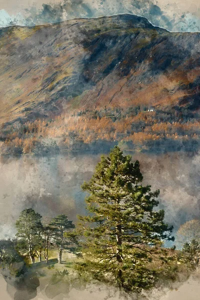 Digital Akvarellmålning Vackert Höstfall Landskap Bild Utsikten Från Rutten Till — Stockfoto