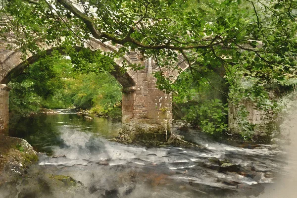 Digitální Akvarel Obraz Krásné Krajiny Obraz Starého Kamenného Mostu Přes — Stock fotografie