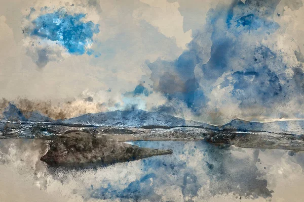 Digital Watercolor Painting Beautiful Winter Landscape Image Llyn Dywarchen Snowdonia — 스톡 사진