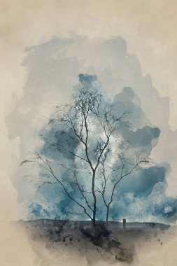 İngiltere 'nin Peak District bölgesindeki iskelet ağaçlarının güzel, huysuz kış manzarasının dijital suluboya resmi.