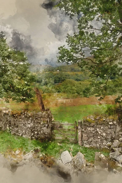 Digital Watercolor Painting Beautiful Landscape Image Precipice Walk Snowdonia — 스톡 사진