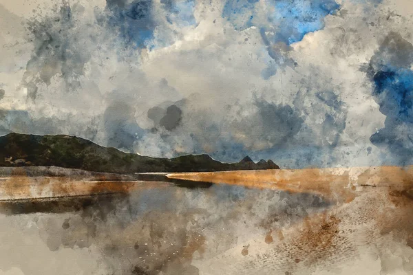 Cyfrowy Obraz Akwareli Piękny Poranny Krajobraz Nad Piaszczystą Plażą Three — Zdjęcie stockowe