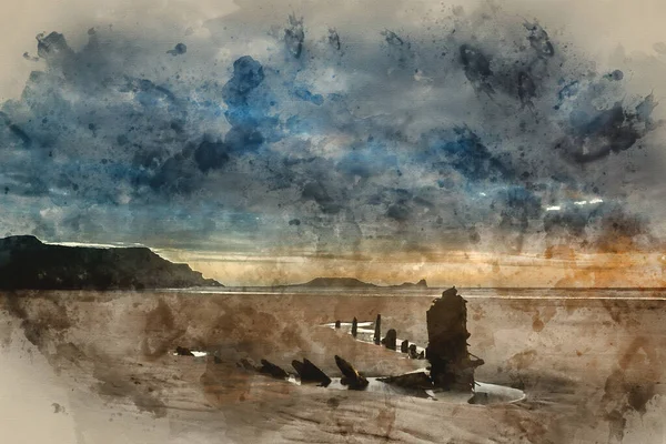 Cyfrowe Malarstwo Akwarelowe Obraz Krajobrazu Wraku Statku Plaży Zachodzie Słońca — Zdjęcie stockowe