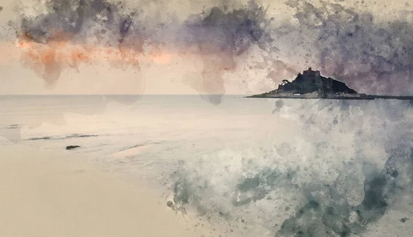 数字水彩画 圣米夏尔山湾马拉松山景观日出长期曝光英国康沃尔 — 图库照片
