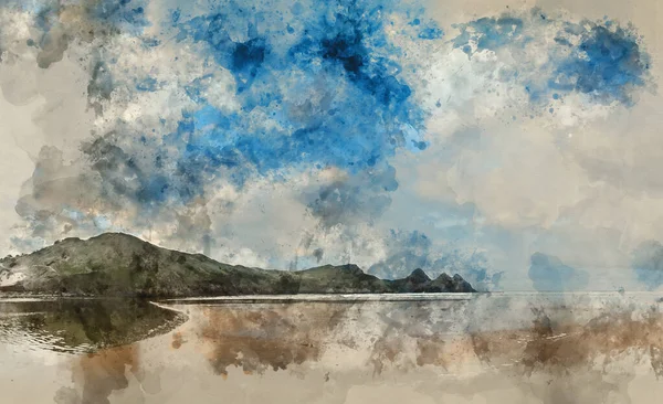 Pittura Digitale Acquerello Del Bellissimo Paesaggio Estivo Mattutino Sulla Spiaggia — Foto Stock