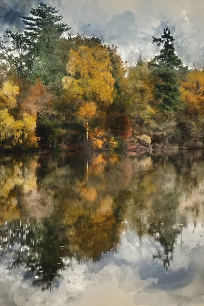 Digital Watercolor Painting Stunning Vibrant Autumn Woodland Reflected Still Lake — Stock Photo, Image