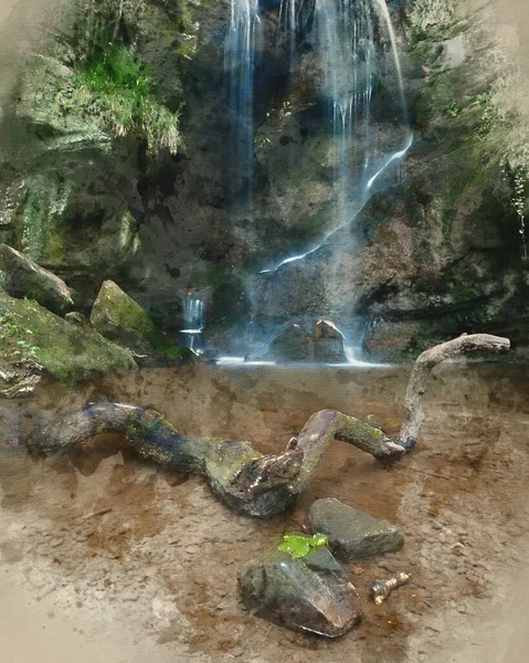 Digital Watercolor Painting Stunning Waterfall Landscape Roughting Linn Northumberland National Stock Photo