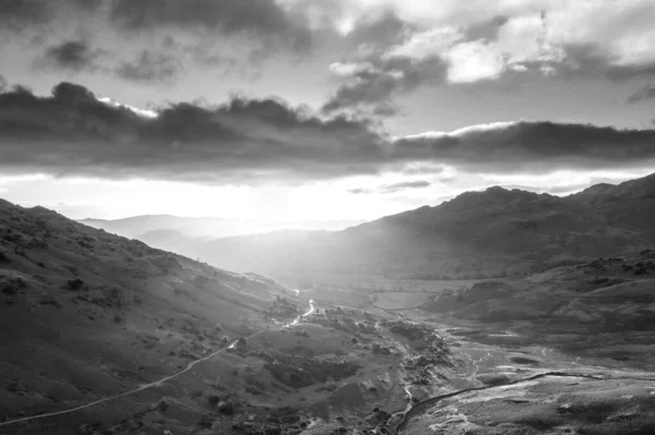 Black White Epic Aerial Drone Landscape Image Sunrise Blea Tarn — Stock Photo, Image