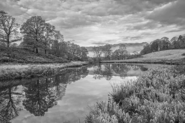 Black White Epic Autumn Landscape Image River Brathay Lake District — Stock Photo, Image