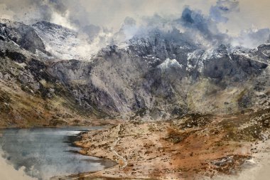 Göz kamaştırıcı dramatik kış manzarasının dijital suluboya resmi Llyn Idwal ve Snowdonia 'daki karlı dağ sıraları.