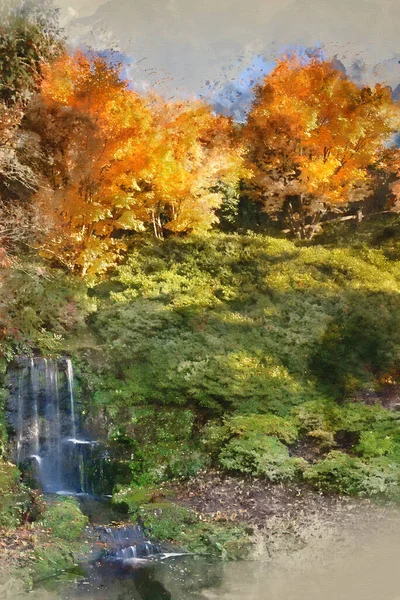 Цифровий Акварельний Живопис Красивий Осінній Пейзаж Водоспаду — стокове фото