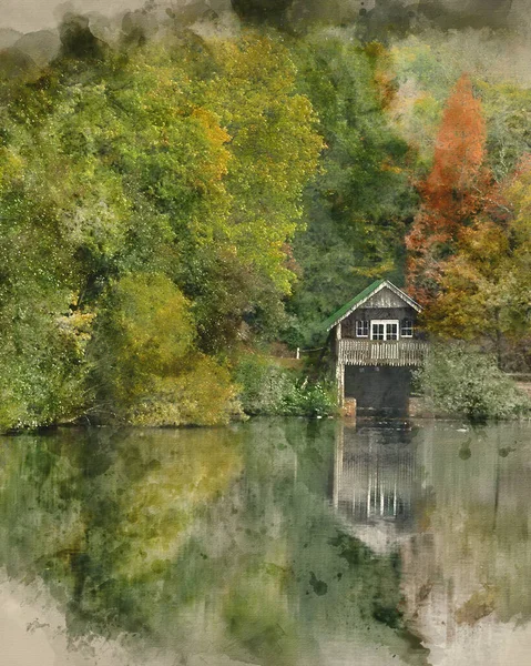 Цифровая Акварельная Живопись Красивая Красочная Яркая Осень Осень Осень Пейзаж — стоковое фото